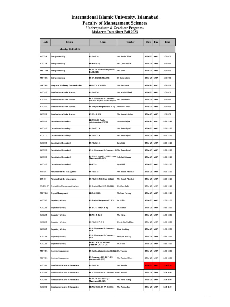 Fall 2025 Mid-term Date Sheet | PDF | Business | Economies