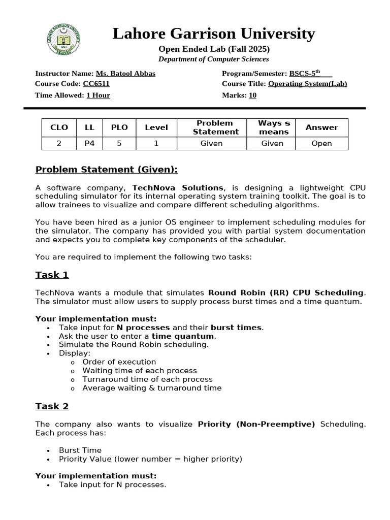 CPU Scheduling Simulator Lab Guide | PDF | Scheduling (Computing ...