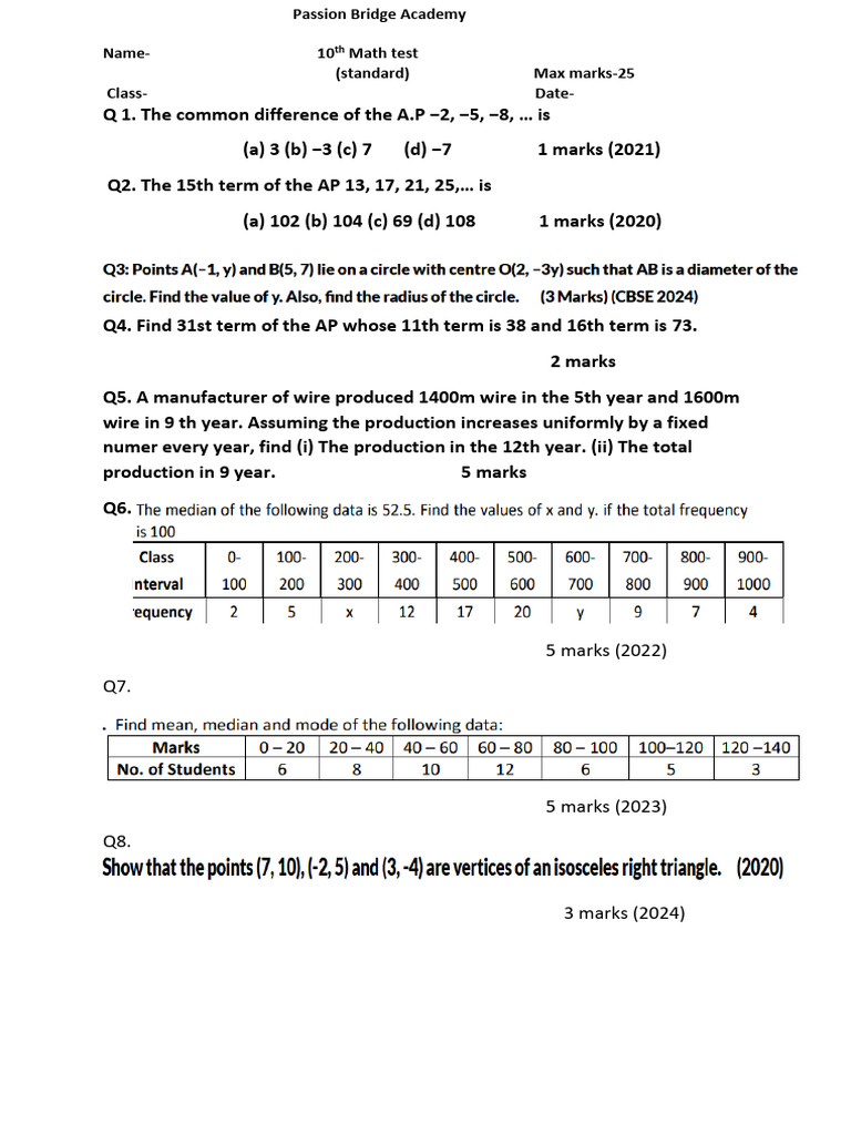 10th Grade Math Test on Arithmetic Progressions | PDF