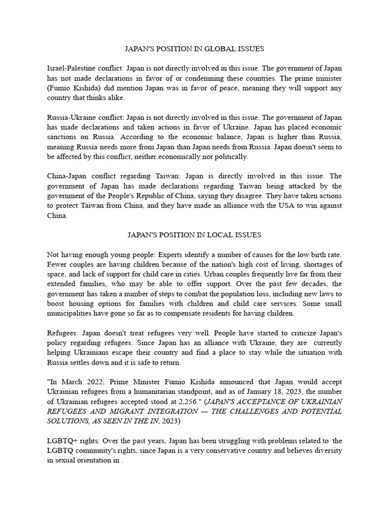 Japan's Position Regarding Global Issues | PDF | Cost Of Living | Japan