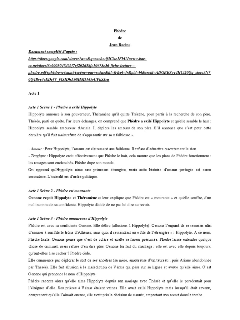 Commentaire Composé Phèdre Acte 1 Scène 3 Phèdre de Racine Acte I: Résumé & Principaux Thèmes | PDF