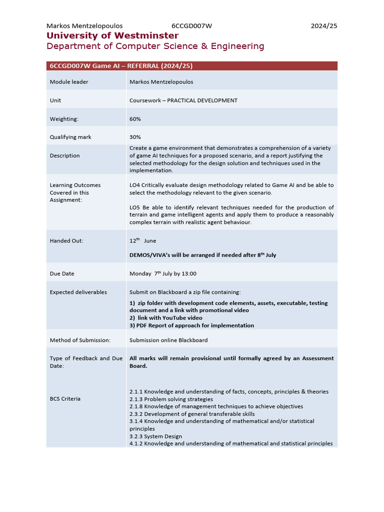 Game AI Coursework Overview 2024/25 | PDF | Methodology | Knowledge