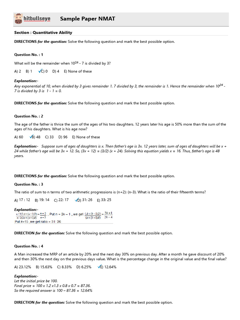 NMAT Sample Paper: Quantitative Ability | PDF | Reason | Blood Transfusion