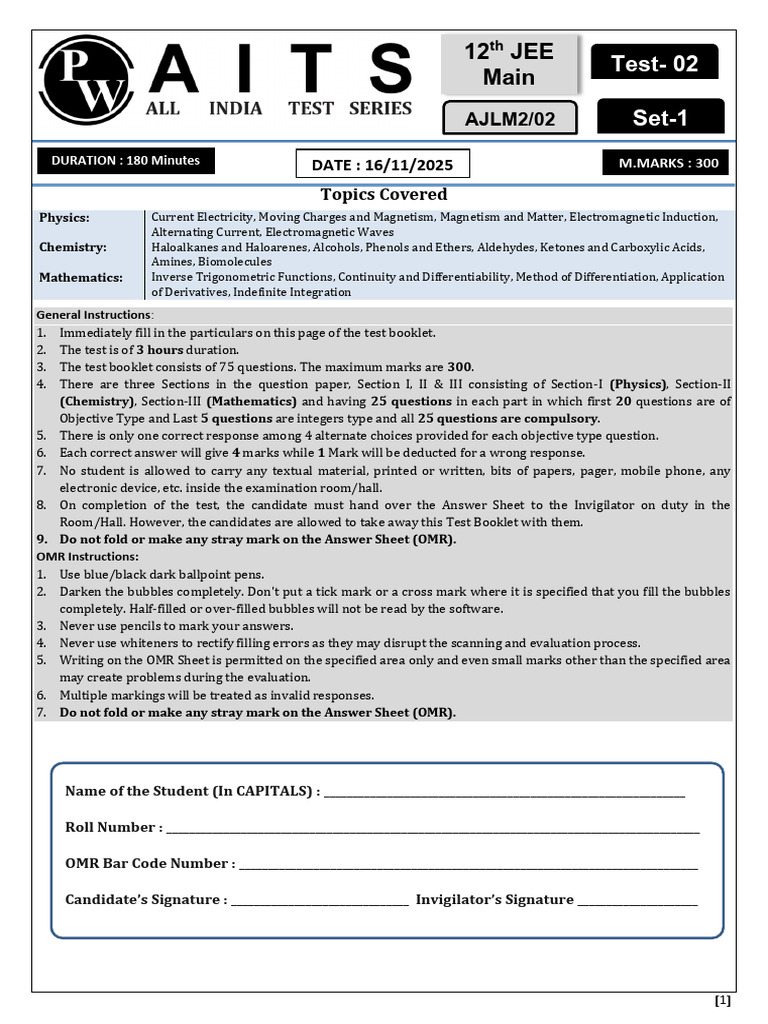JEE Main Physics, Chemistry, Math Test Guide | PDF | Magnetic Field ...