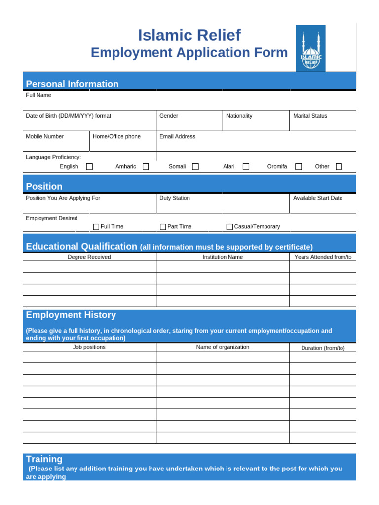 Islamic Relief Employment Application Form | PDF