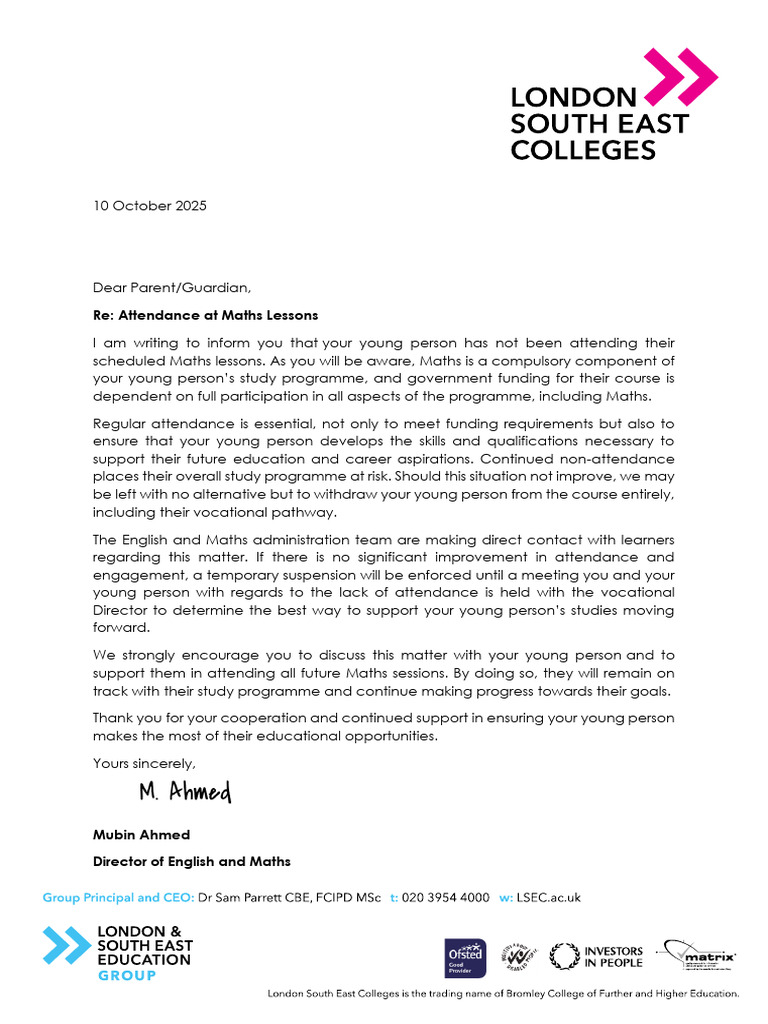 Maths Attendance Warning Letter | PDF