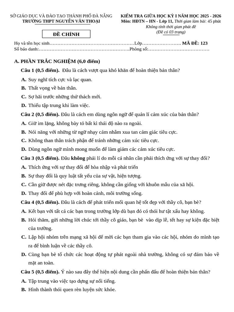 De Thi Ghk1 de So 1 HDTN 11 CTST Ban 1 | PDF