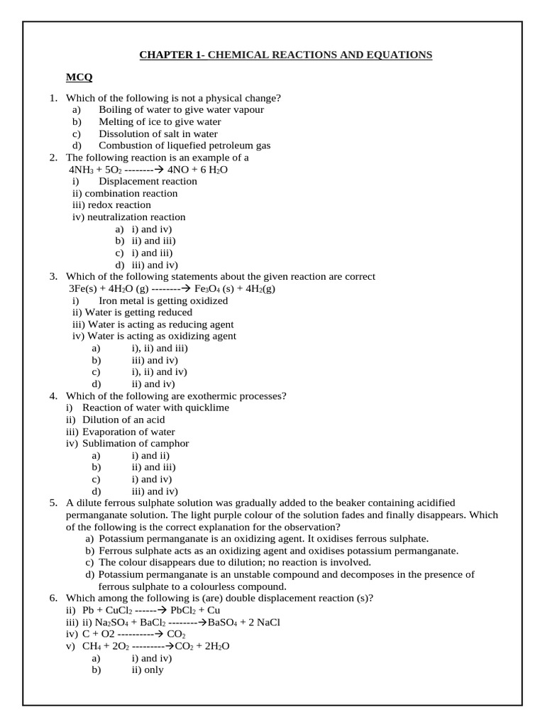 Chemical Reactions and Equations MCQs | PDF | Chemical Reactions | Redox