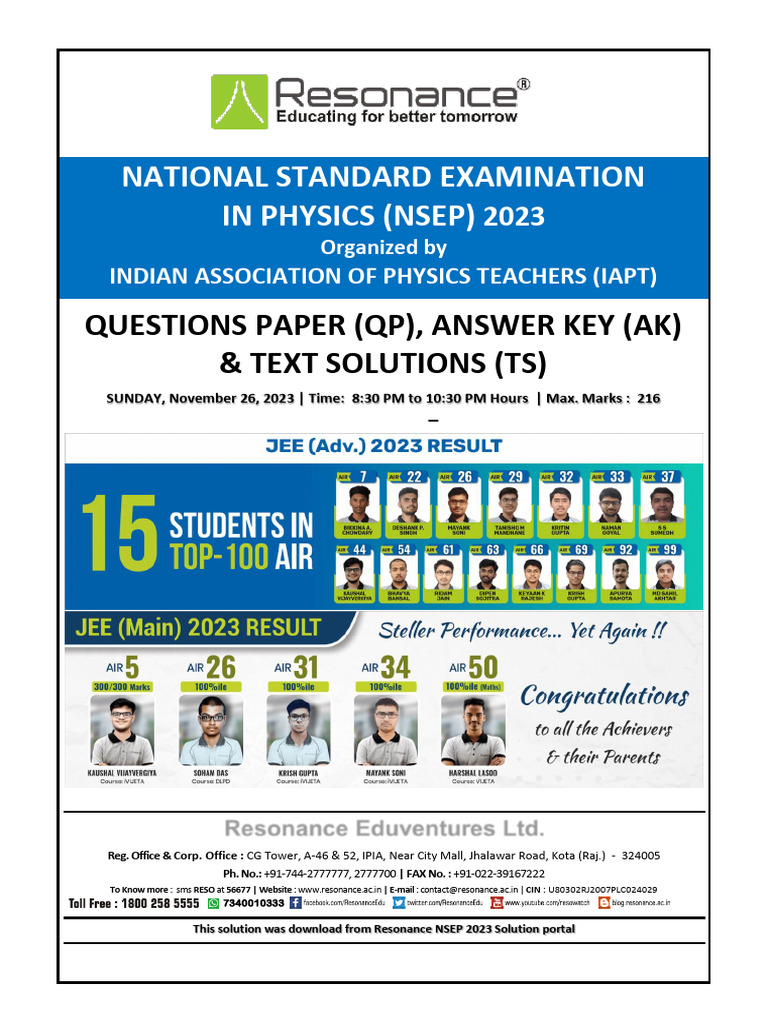 NSEP 2023 Physics Question Paper & Solutions | PDF | Liquids | Applied ...