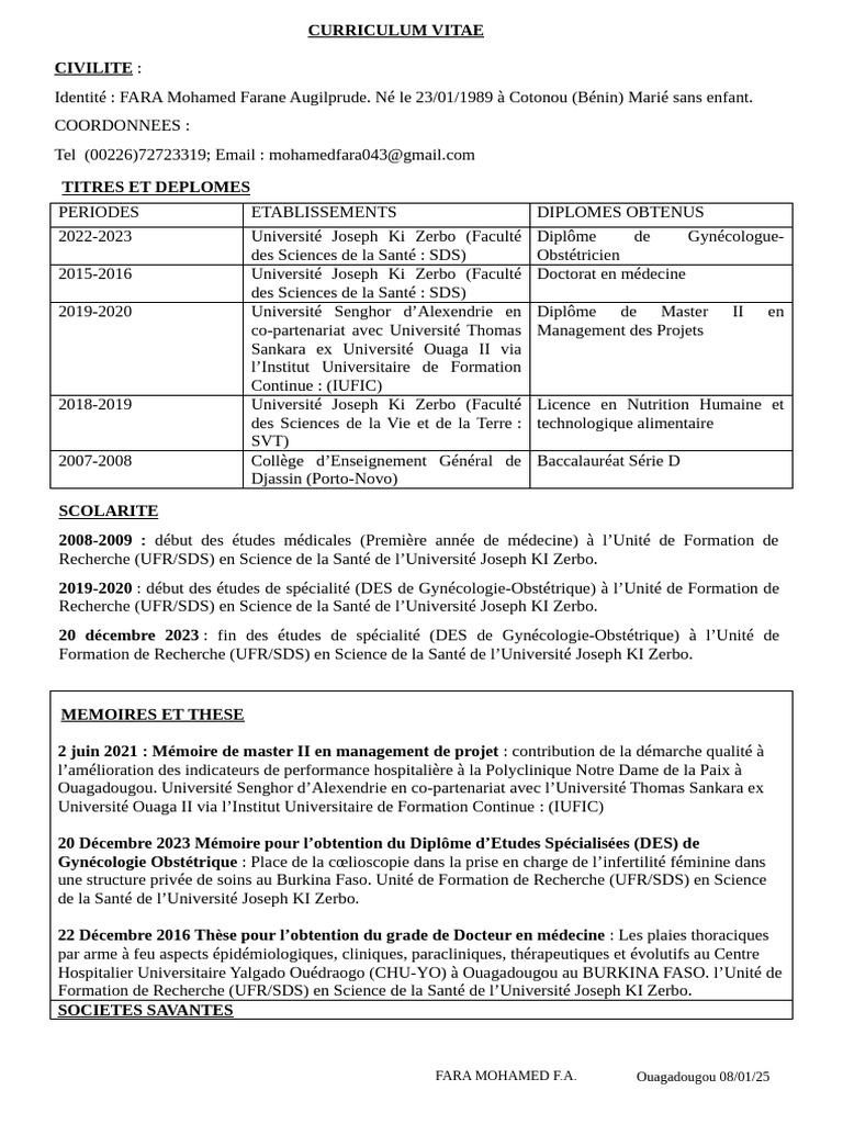 CV de Fara Mohamed, Gynécologue-Obstétricien | PDF | Université ...