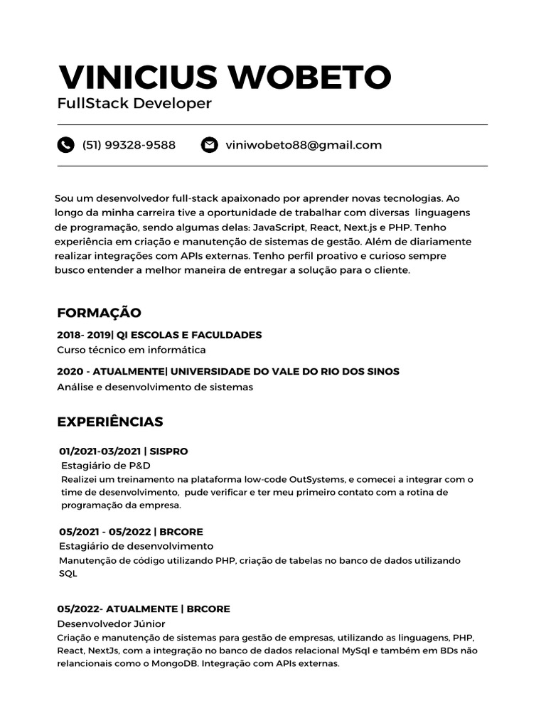Vinicius Wobeto: Desenvolvedor Full-Stack | PDF