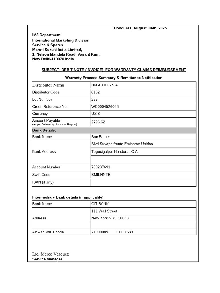 Warranty Claims Reimbursement Invoice | PDF