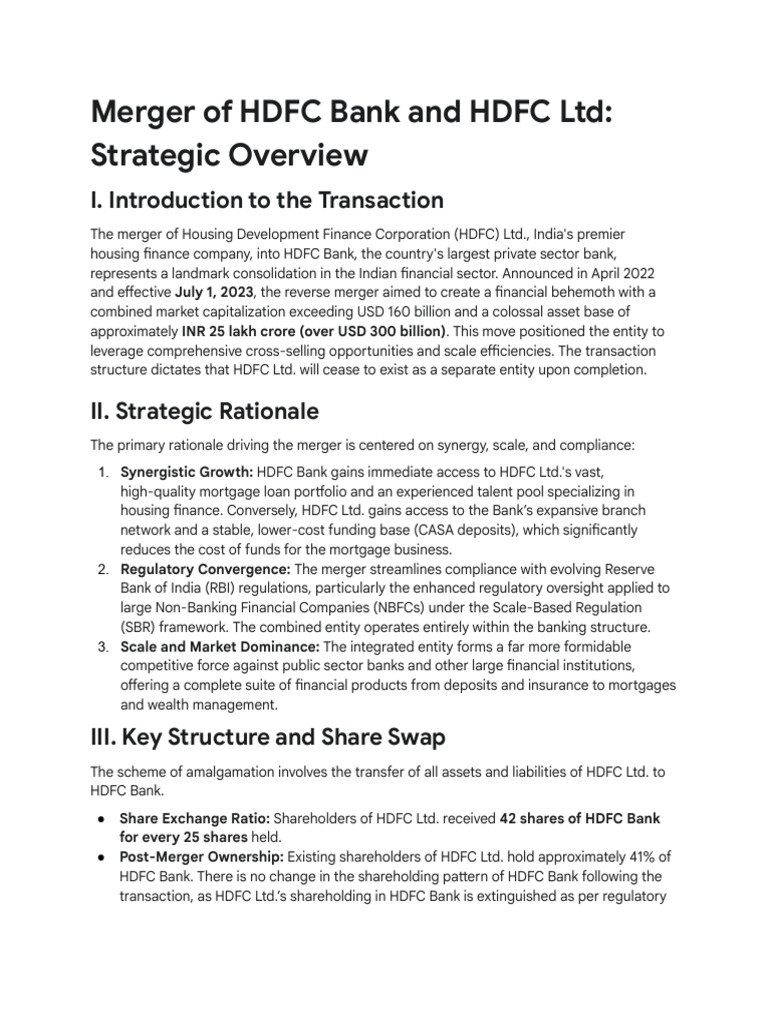HDFC Bank-HDFC Merger Overview | PDF | Banks | Mergers And Acquisitions