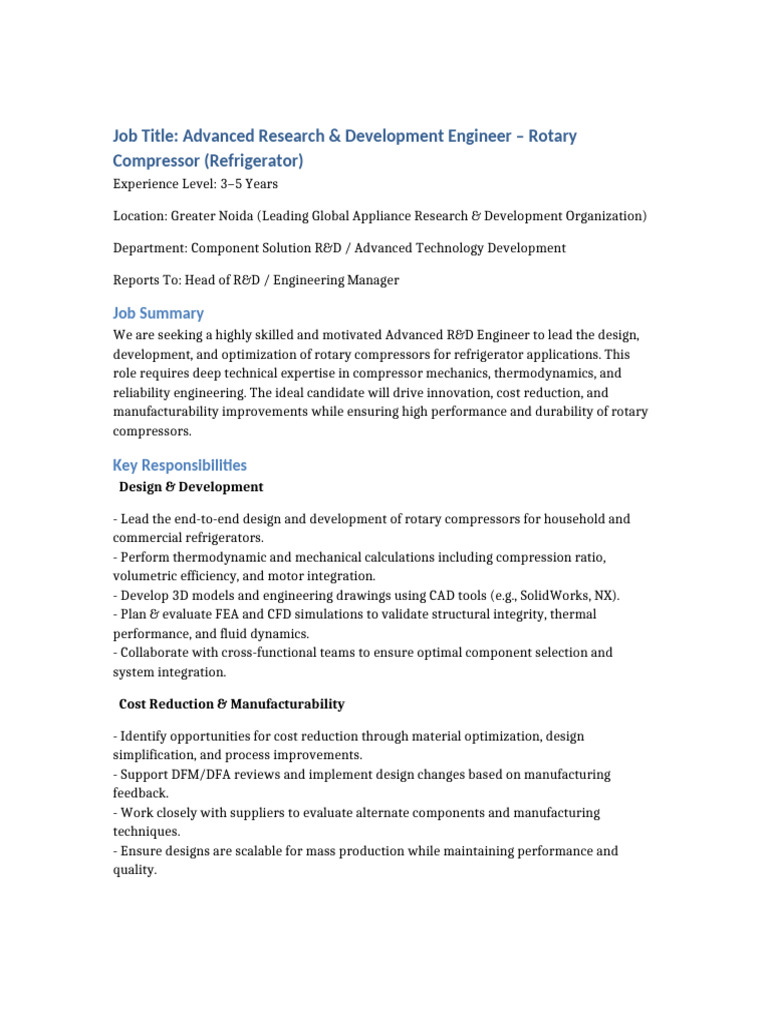 Advanced R&D Engineer - Rotary Compressors | PDF | Reliability ...