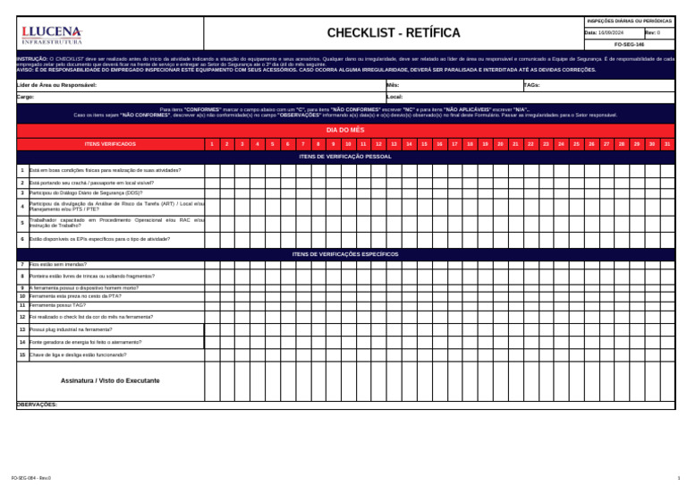 Checklist de Inspeções Diárias de Segurança | PDF