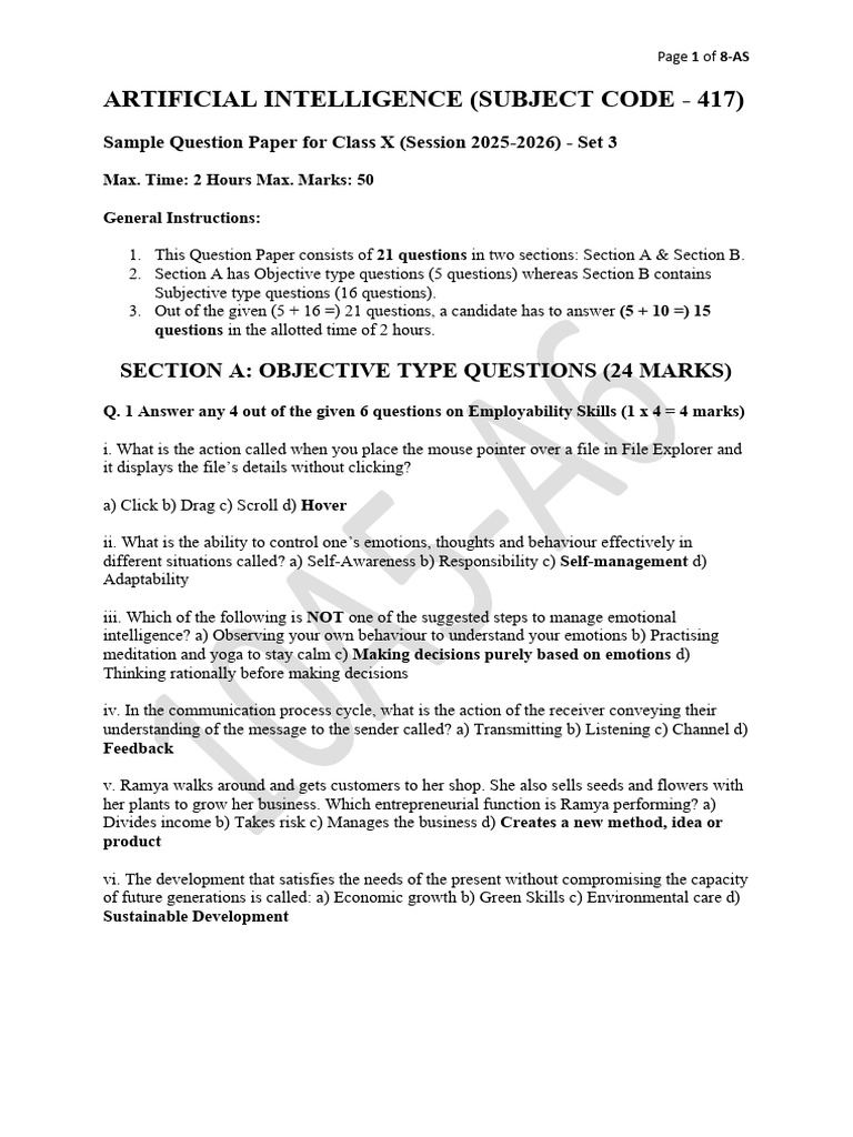 AI Class X Sample Question Paper 2025 | PDF | Machine Learning ...