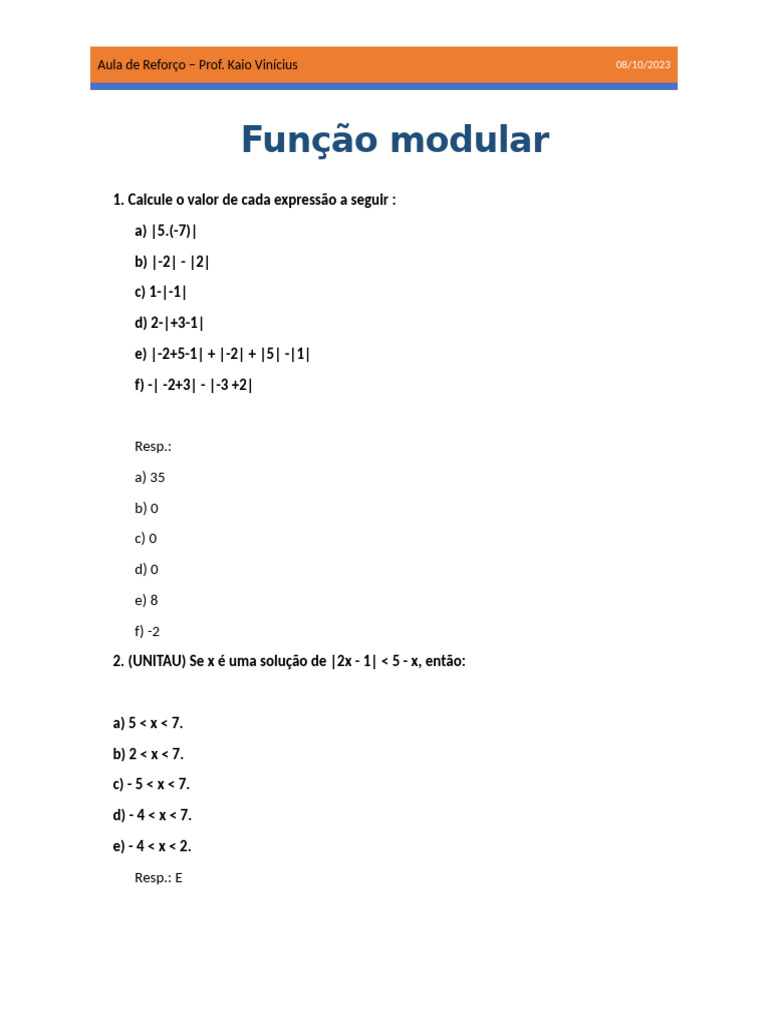 Função Modular: Exercícios e Respostas | PDF