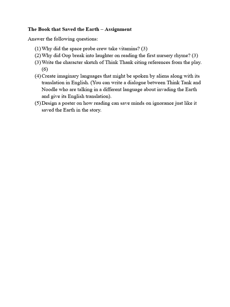 Assignment On The Book That Saved The Earth | PDF
