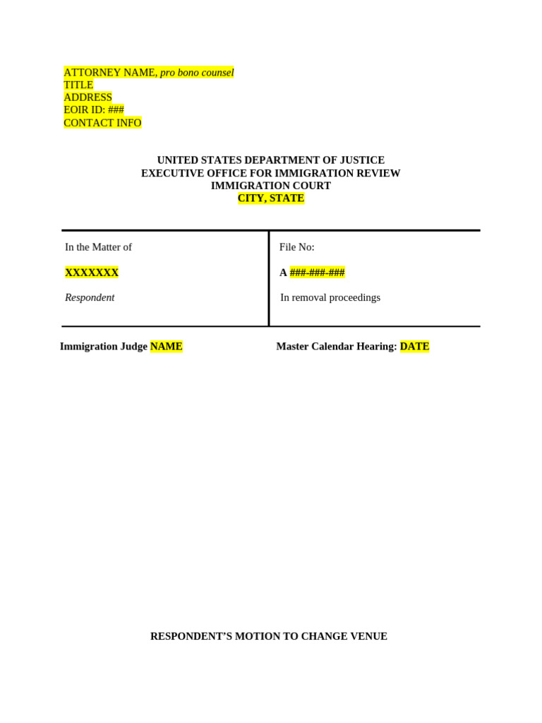 Motion to Change Immigration Venue | PDF | Removal Proceedings ...