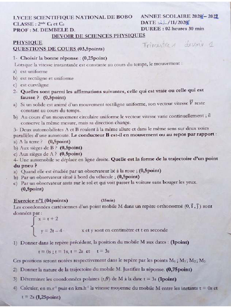 Devoirs de Sciences Physiques LSNB 2ndC - 2021-2022 | PDF