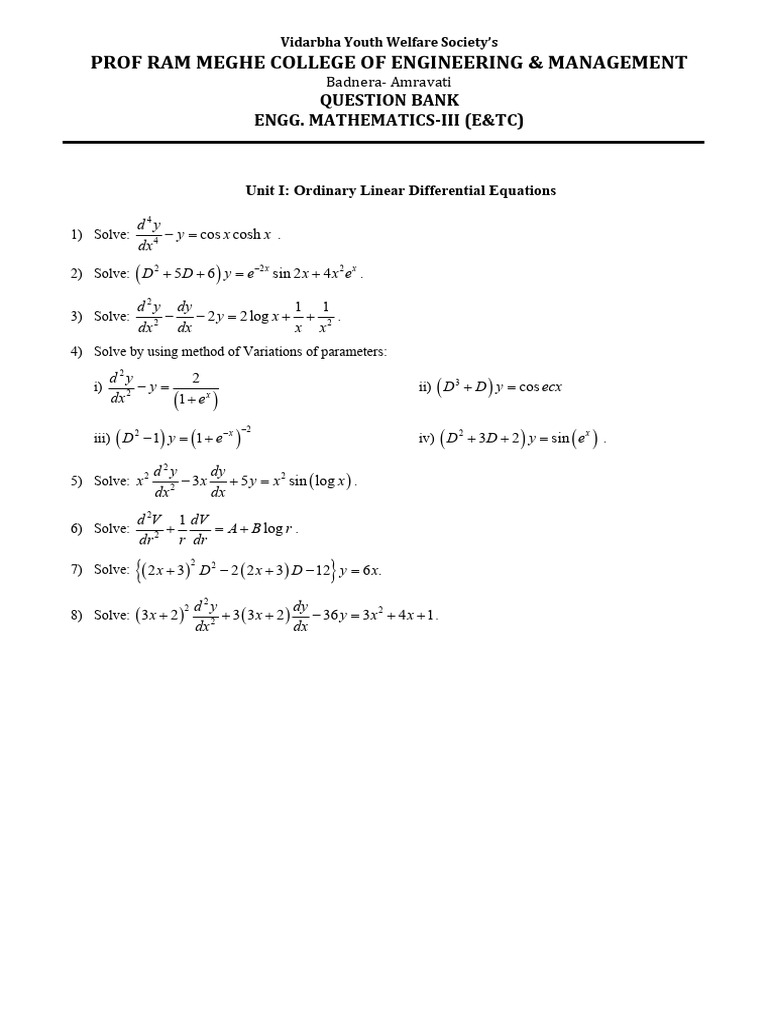 Engineering Mathematics III Question Bank | PDF | Laplace Transform ...