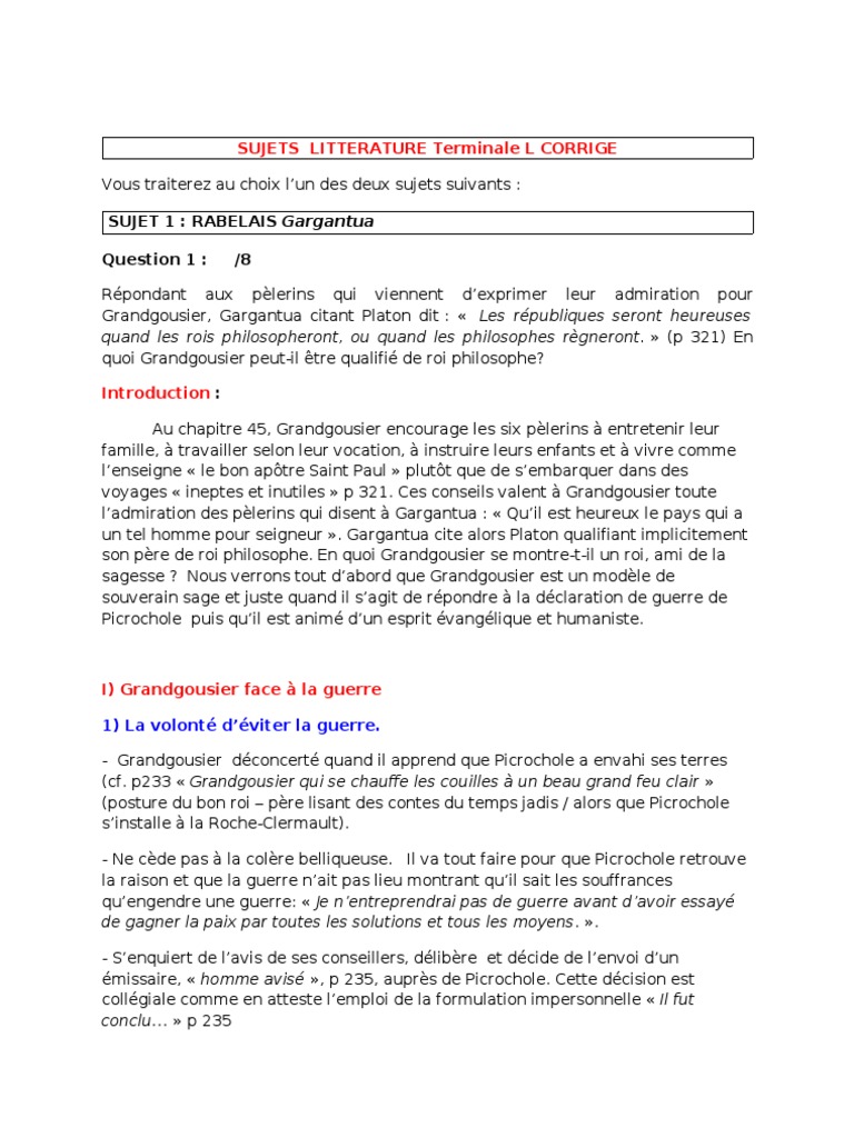 Introduction Dissertation Gargantua Rire Et Savoir Litterature Corrige Bac Blanc | PDF | Gargantua et Pantagruel | Poésie