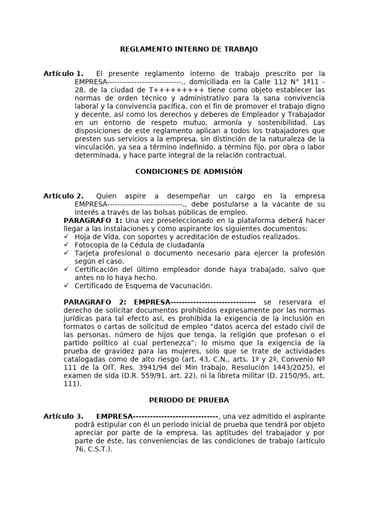 Reglamento Interno de Trabajo y Contratación | PDF | Derecho laboral ...
