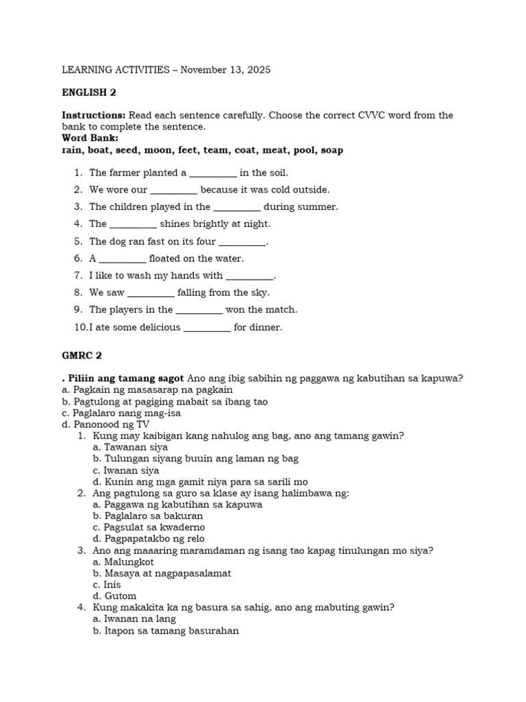 Learning Activities November 14 2025 | PDF