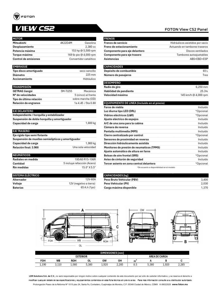 FOTON View CS2: Especificaciones y Equipamiento | PDF | Eje | Vehículo ...
