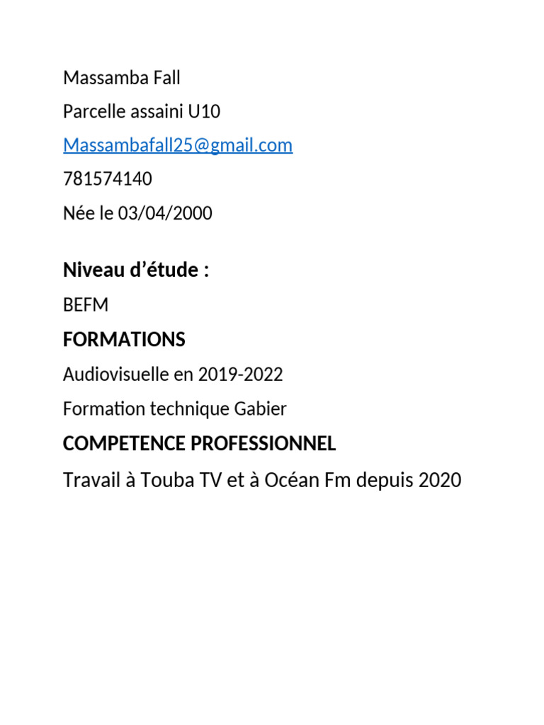 Profil professionnel de Massamba Fall | PDF