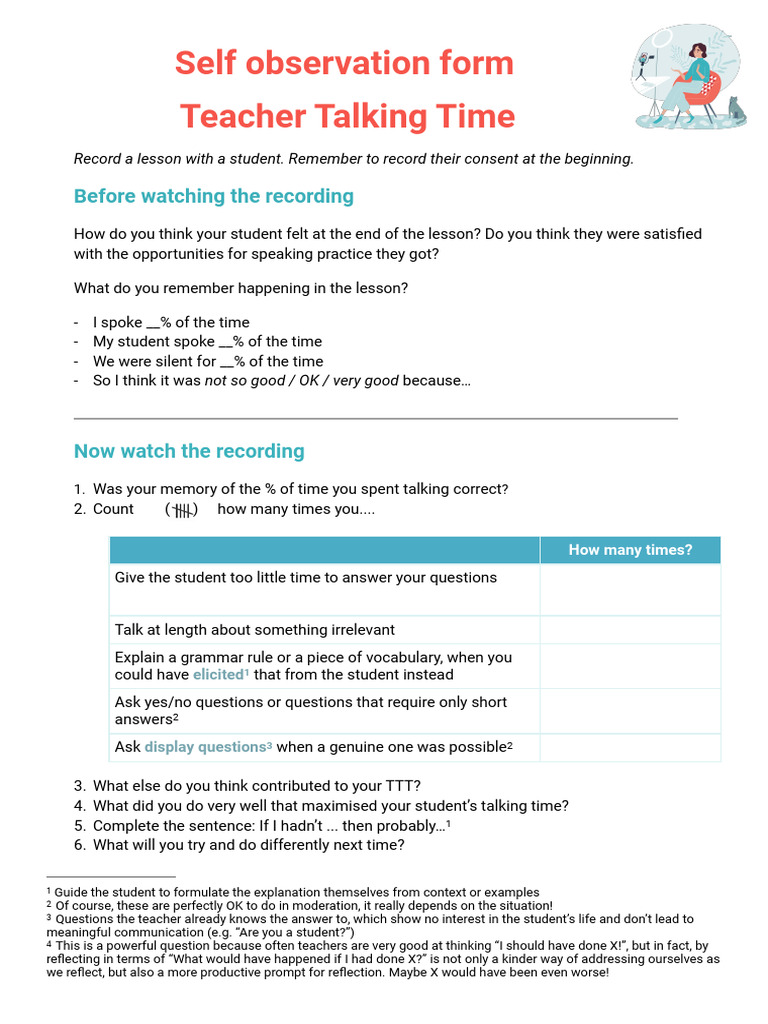 Self Observation Form - Teacher Talking Time | PDF | Learning ...