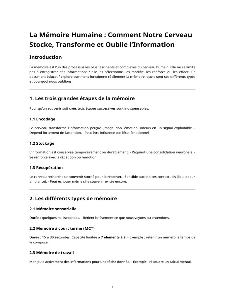 Fonctionnement de la Mémoire Humaine | PDF | Mémoire | Sciences ...