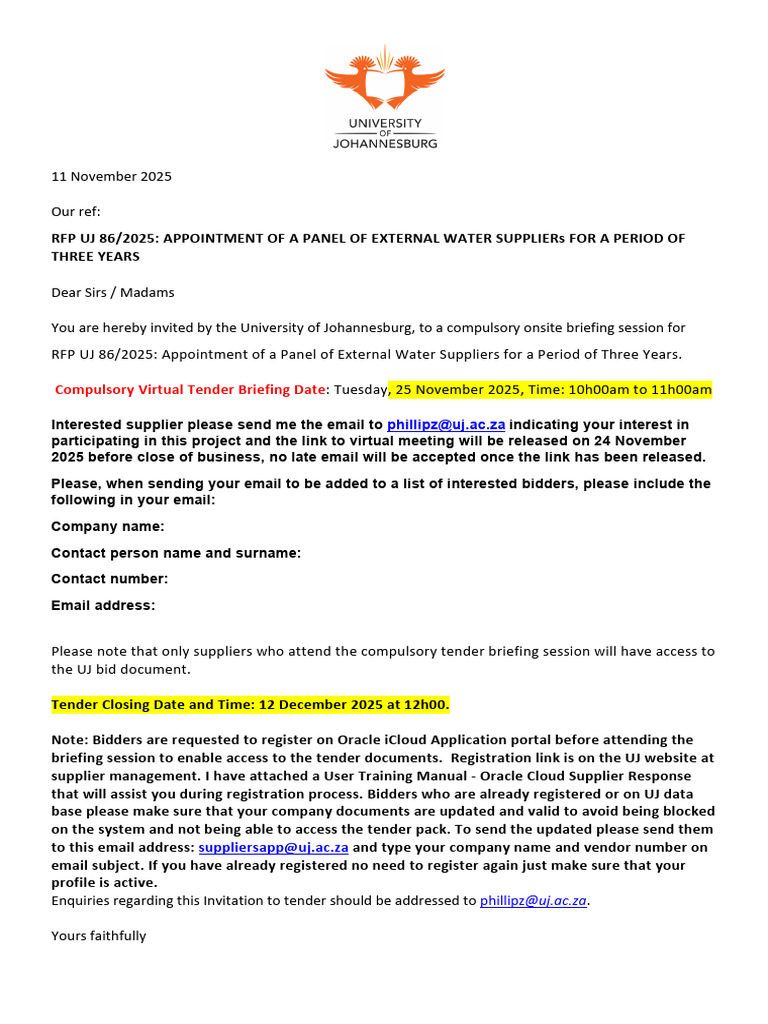 UJ Water Supplier RFP Briefing Invite | PDF