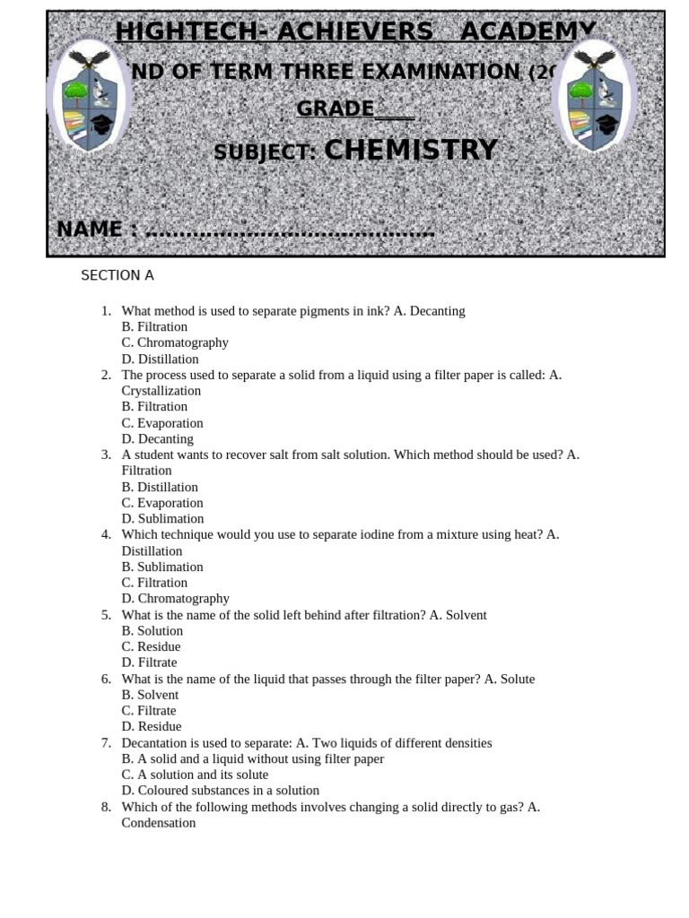 Chemistry End of Term Test | PDF | Chemical Substances | Filtration