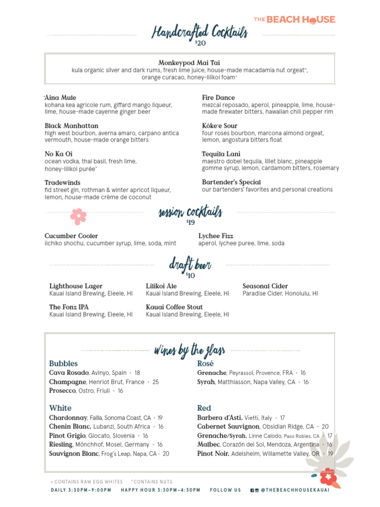 Happy Hour Menu at The Beach House Kauai | PDF | Wine | Wine Grape ...