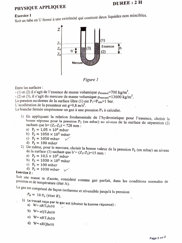 Exercice de Physique Appliquée: Hydrostatique et Gaz | PDF | Pression ...