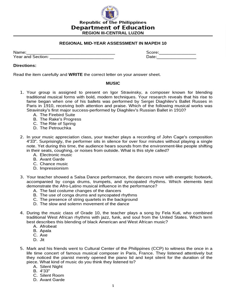 MAPEH 10 Mid-Year Assessment Guide | PDF | Physical Fitness | Jazz