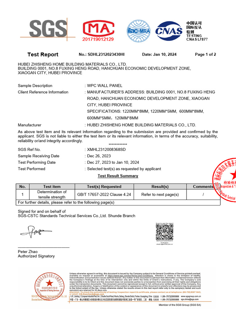 WPC Wall Panel Tensile Strength Test Report | PDF | Physical Sciences