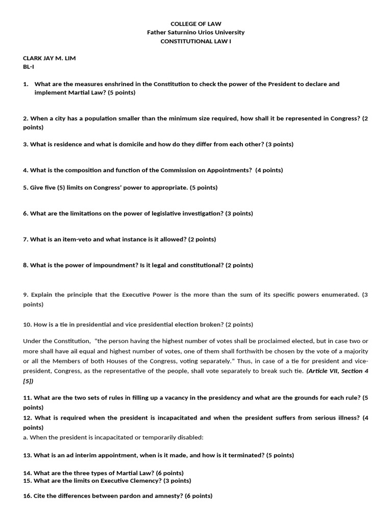 Constitutional Law Exam Questions | PDF | Pardon | United States Congress