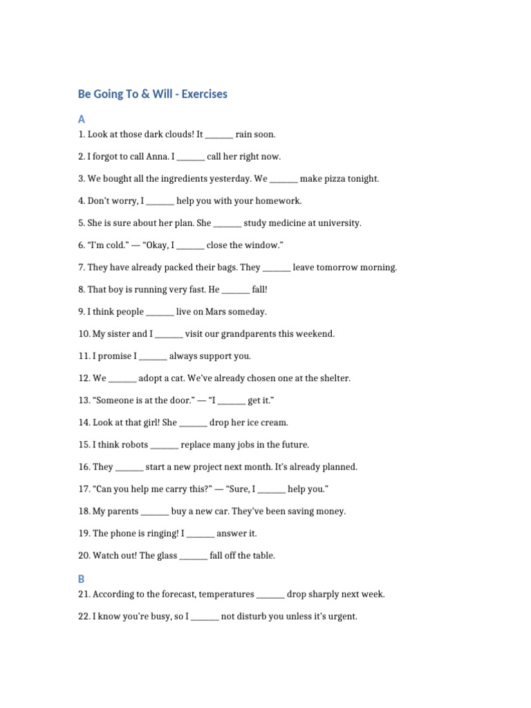 Be Going To & Will: Grammar Exercises | PDF