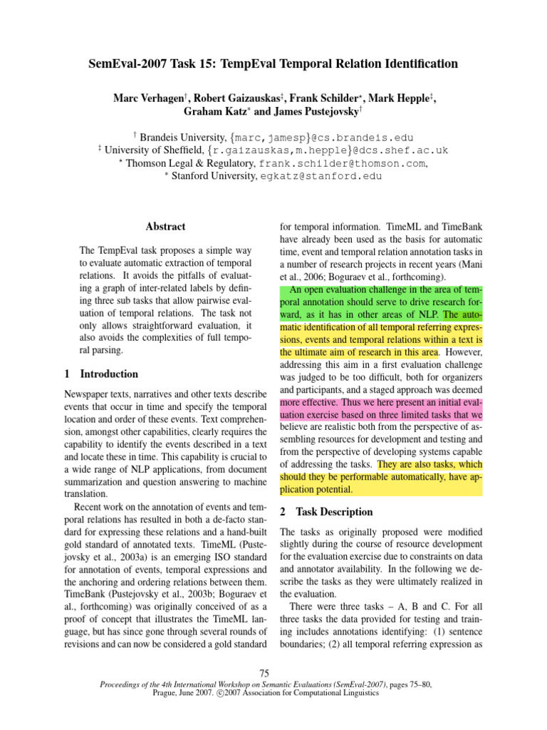TempEval-2007: Temporal Relation Tasks | PDF | Annotation | Predicate ...