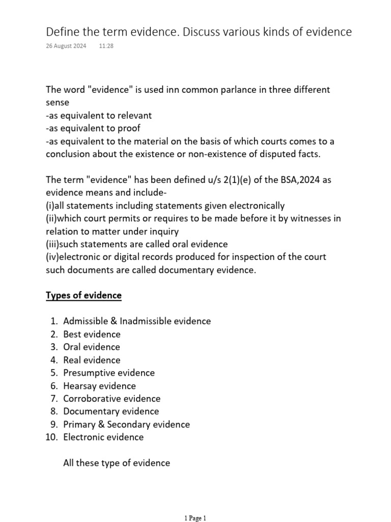 Define the term evidence. Discuss various kinds of evidence | PDF ...