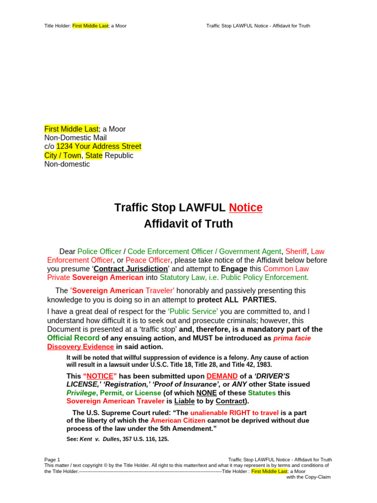 Traffic Stop Lawful Notice Affidavit | PDF | Arrest Warrant | Fifth ...
