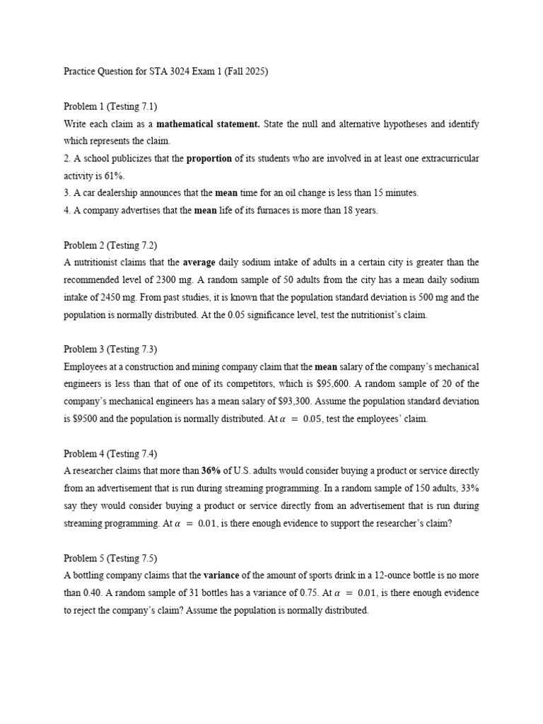 STA 3024 Exam 1 Practice Questions | PDF | Standard Deviation | Normal ...