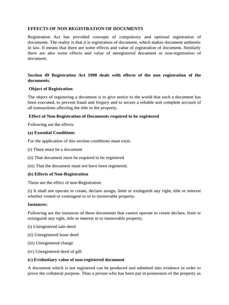 Effects of Non Registration of Documents | PDF | Deed | Evidence (Law)