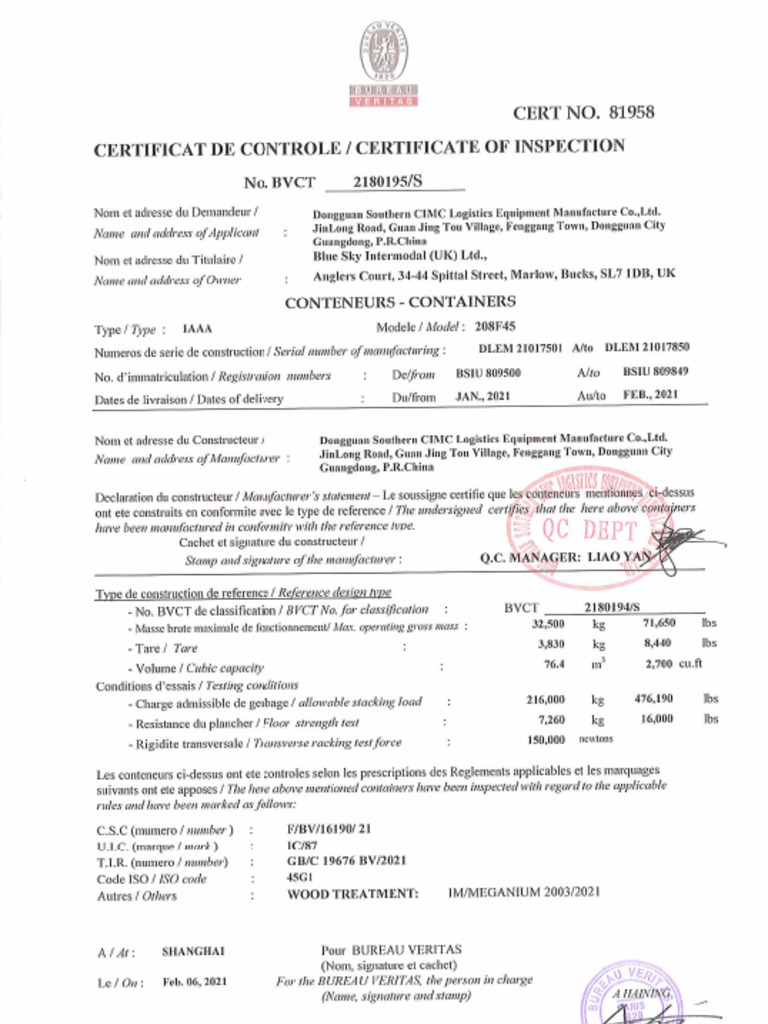 BSIU 809500-809849 BV Certificate | PDF