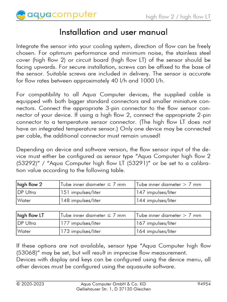 High Flow 2 & LT Sensor Manual | PDF | Flow Measurement | Electrical ...