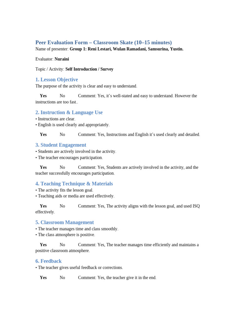 Peer Evaluation Form Classroom Skate | PDF | Teachers | Classroom ...