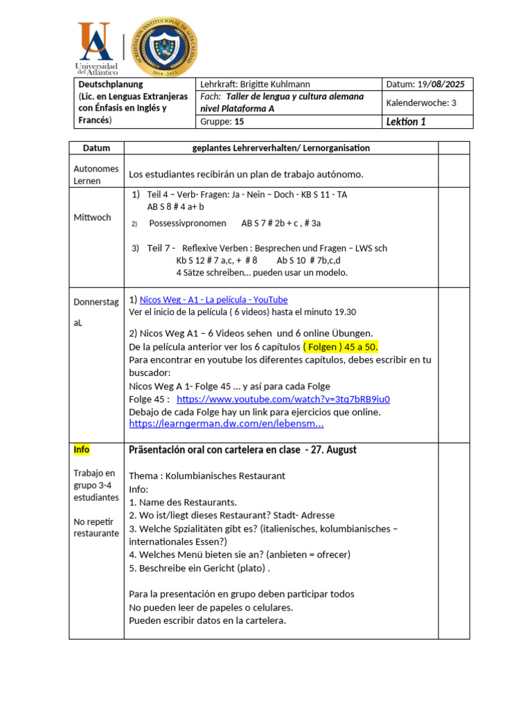 Plan de Clase: Taller de Alemán A1 | PDF