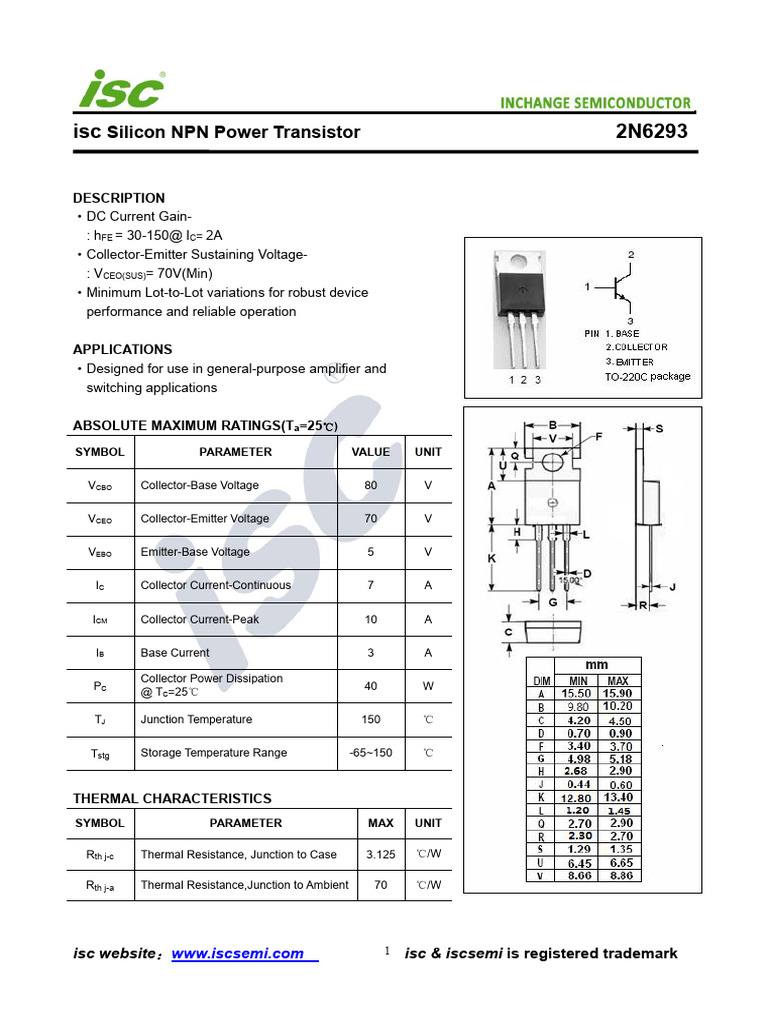 2N6293 NPN Power Transistor Specs | PDF | Bipolar Junction Transistor ...